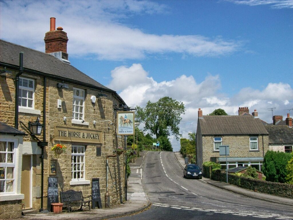 thurgoland, england, great britain, village, buildings, nature, architecture, pub, road, street, summer, spring, sky, clouds