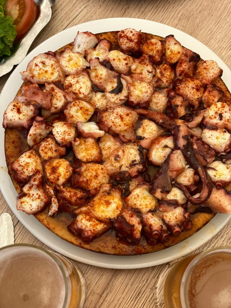 Appetizing Galician-style octopus with paprika served in Vigo, Spain, perfect with beer.